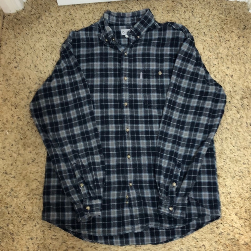 Men’s Carhartt SZ L, blue , gray plaid work shirt. Outdoor, camping, hiking